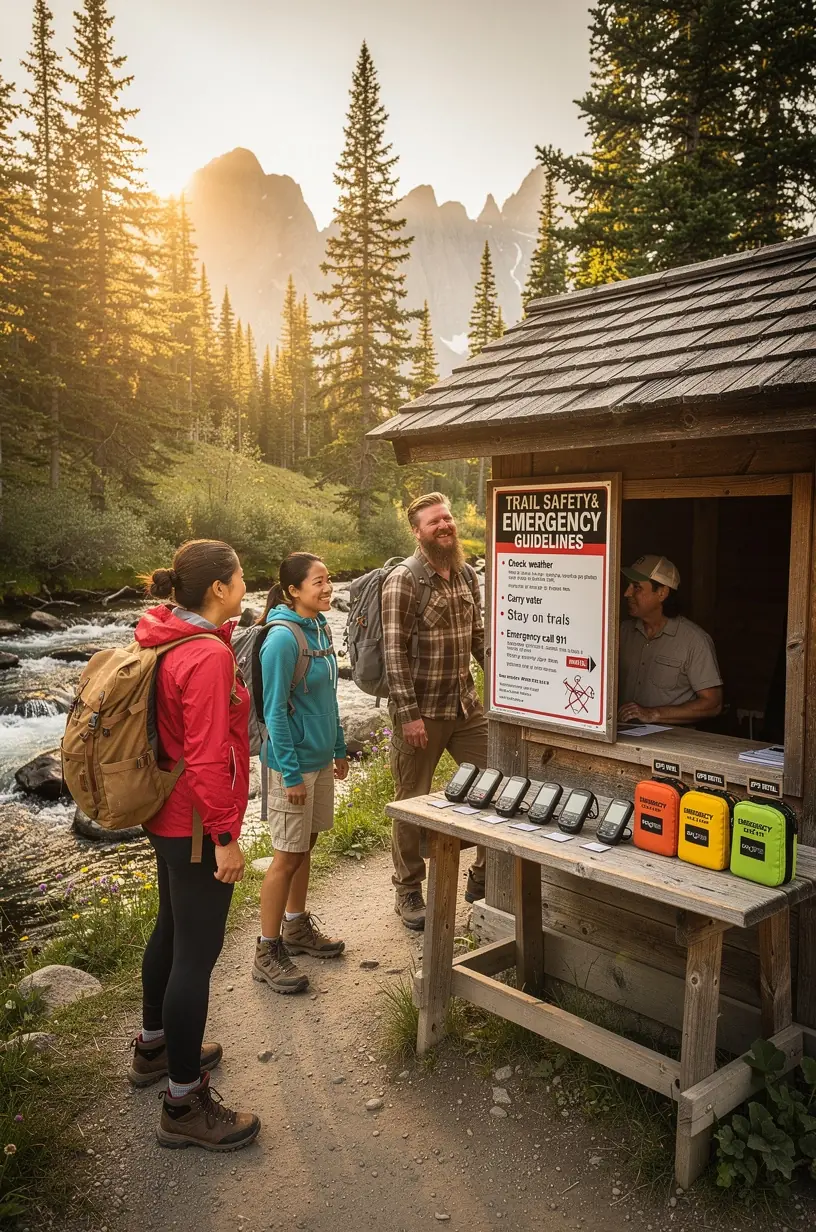 Информационный стенд с инструкциями по аренде оборудования и правилами безопасности на тропах США